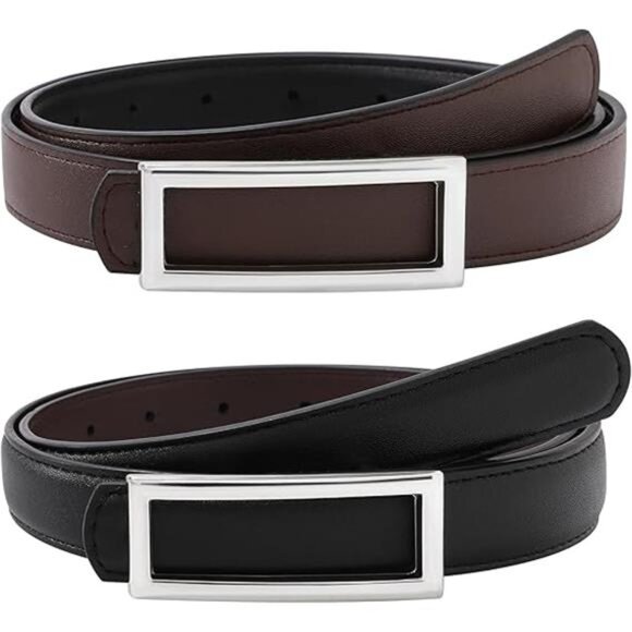 Women Reversible Leather Belt Skinny Two in One Gold Buckle Adjustable Fashion - Picture 7 of 7